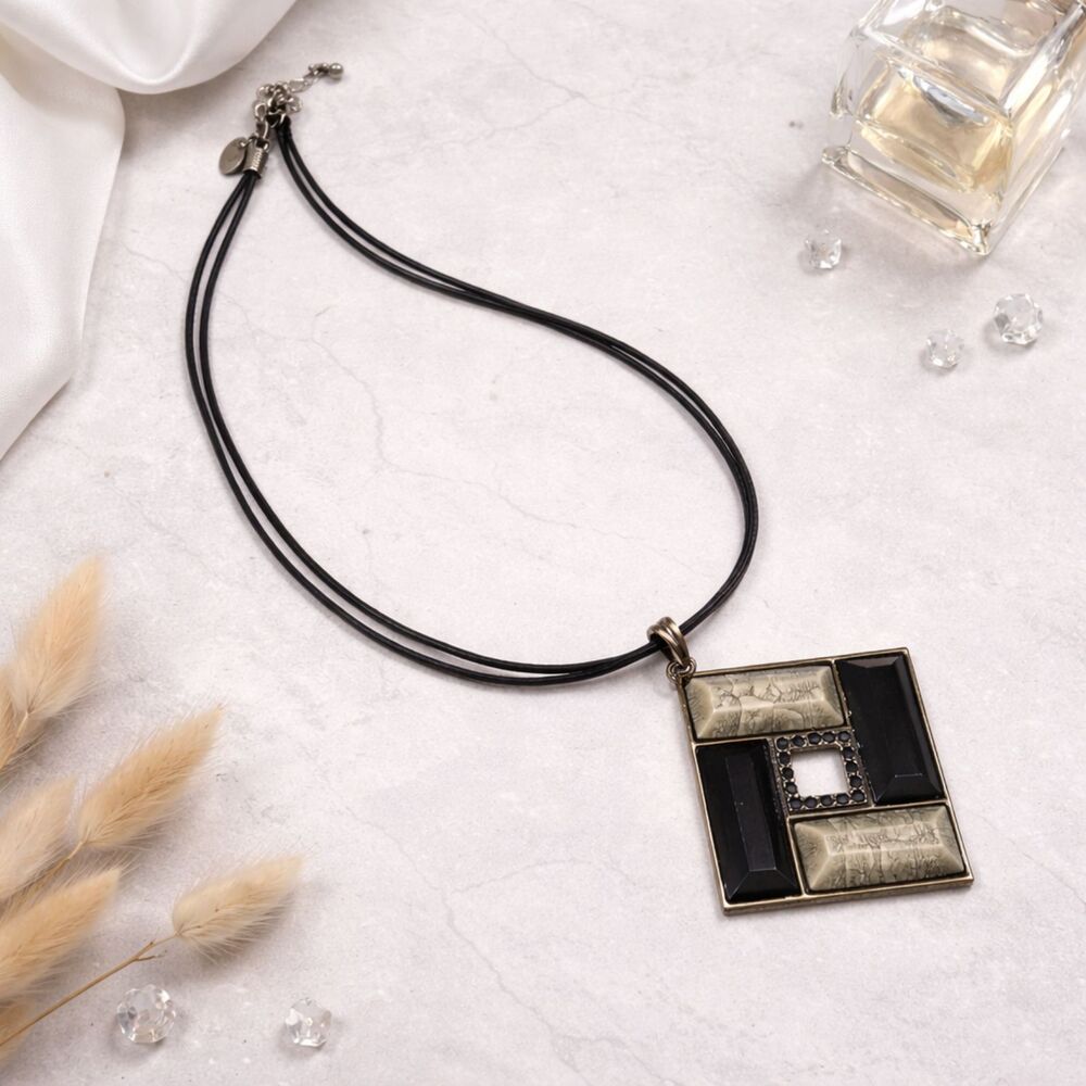 Lia Sophia Gunmetal Modernist Square Pendant Necklace Black Cord